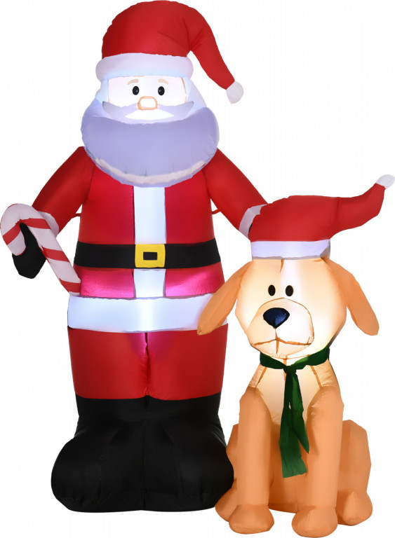 Nafukovací Santa Claus se psem a LED osvětlením | červený + hnědý