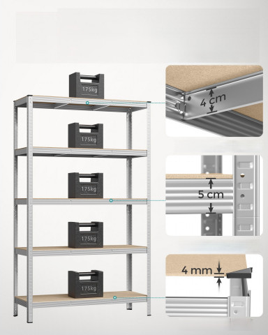 Nastavitelný pětipatrový regál 60 x 120 x 200 cm | stříbrný č.4