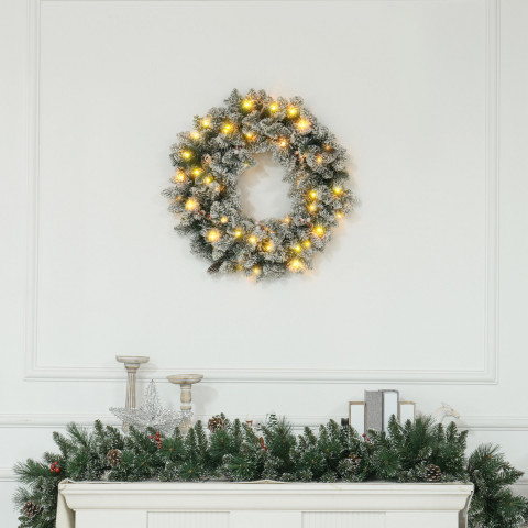 Vánoční věnec se sněhovým efektem a LED osvětlením | zelený + bílý č.2