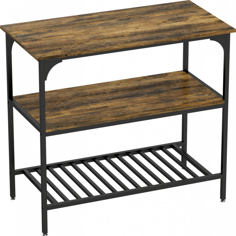 Kuchyňský třípatrový stojící regál s velkou pracovní deskou, 100 x 50 x 90 cm | rustikálně hnědý + černý