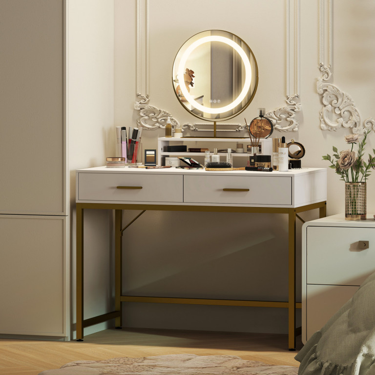 Moderní toaletní stolek s LED osvětlením a nastavovacím zrcadlem | bílý/zlatý