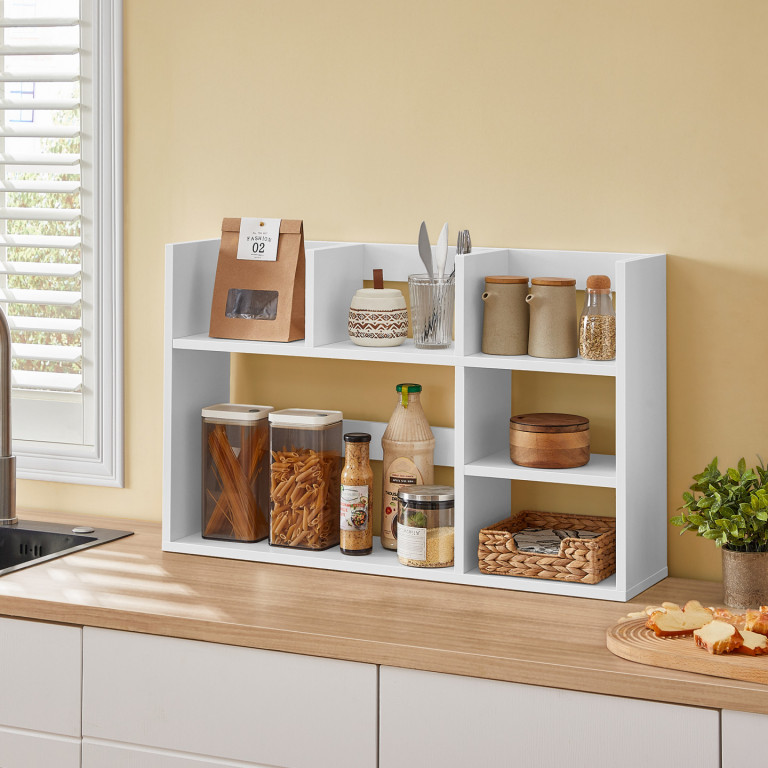 Dřevěná úložná skříňka na stůl se 6 policemi | bílá