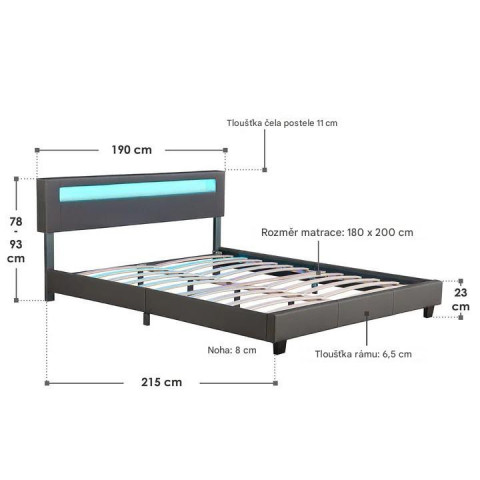 Čalúnená posteľ Paris s LED osvetlením 180 x 200 cm | tmavo šedá č.5