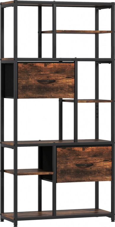 Regál na knih s ocelovým rámem a 2 látkovými zásuvkami | rustikálně hnědý