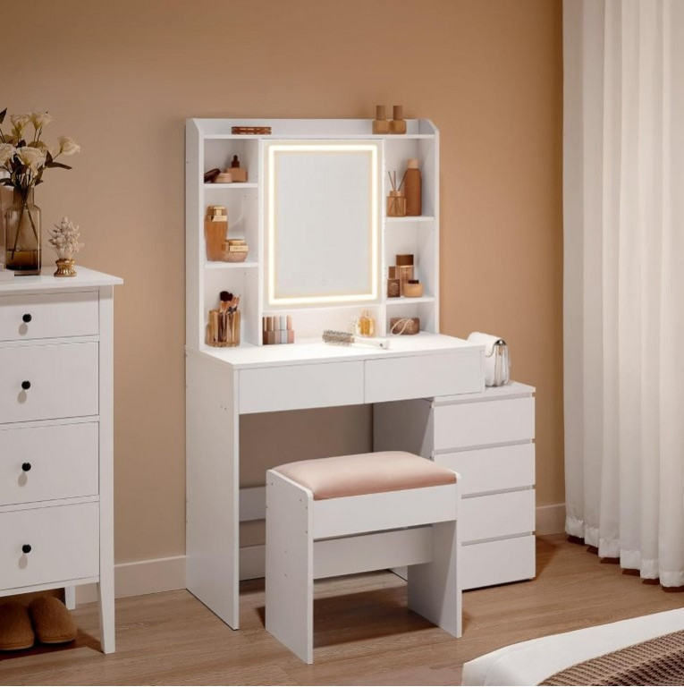 Toaletní stolek se zrcadlem a židlí 97,5 x 40 x 145 cm | bílý