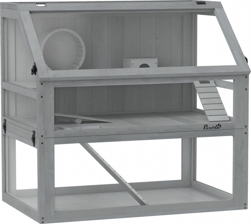 Dřevěná klec pro křečky, 3 patra | světle šedá