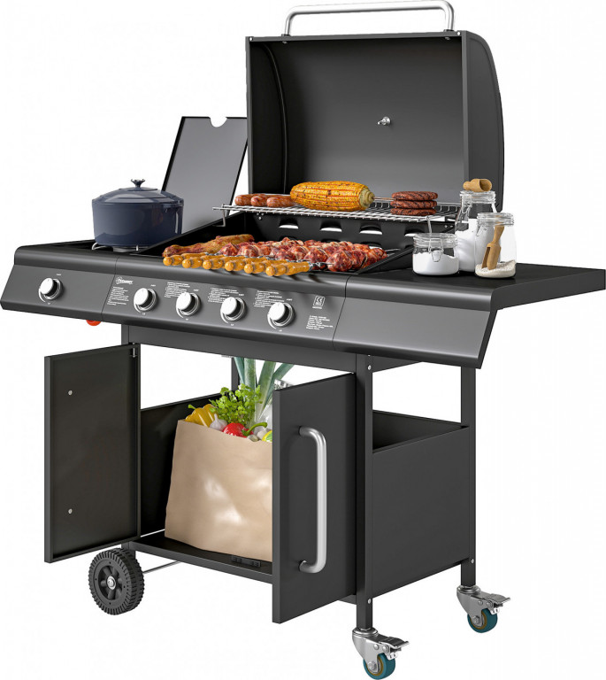 Plynový grilovací vozík s 5 hořáky 129,5 x 56 x 110 cm | černý + stříbrný