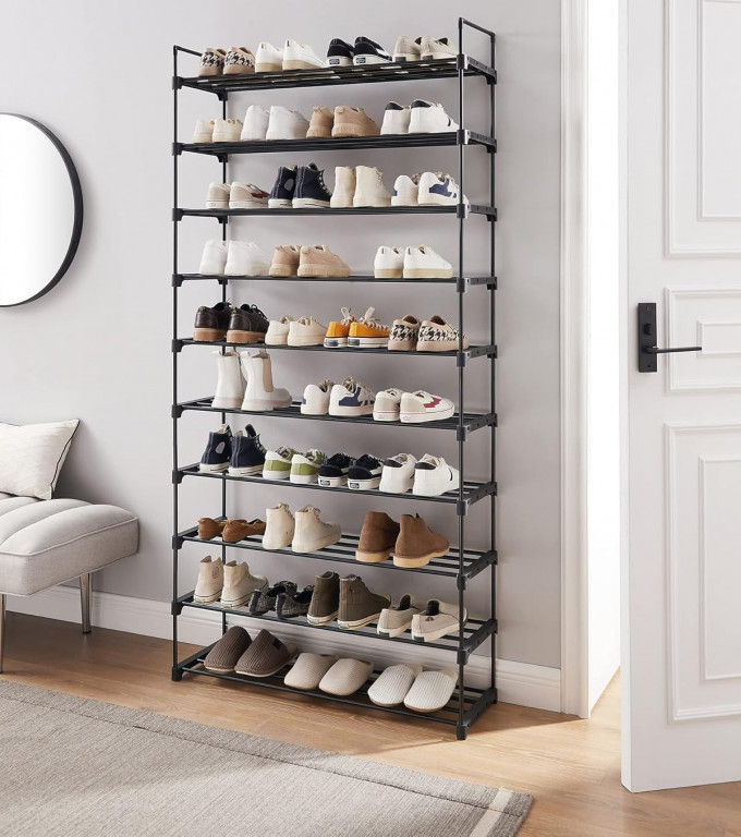 10 patrový kovový stojan na boty černý | 30 x 94 x 206 cm