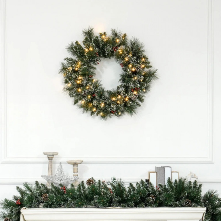 Vánoční věnec se sněhovým efektem a LED osvětlením | zelený + bílý