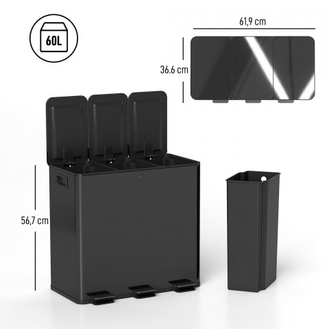 Odpadkový koš 3 x 20 l 61,9x36,6x56,7cm | černý č.2