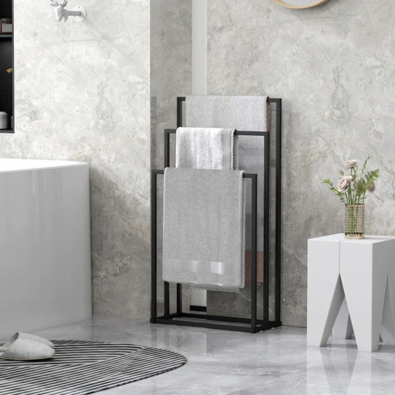 Stojanový držák na ručníky se 3 tyčemi, 45 x 21,5 x 85 cm | černý