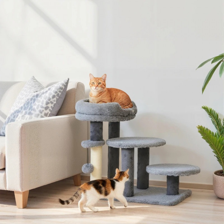 3stupňové schody pro domácí mazlíčky s pelíškem, 60 x 40 x 56 cm | šedé