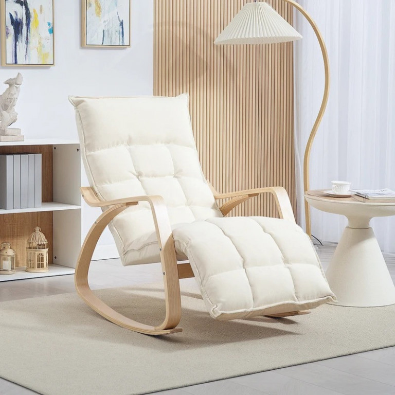 Houpací křeslo s opěradlem a podnožkou | krémově bílé