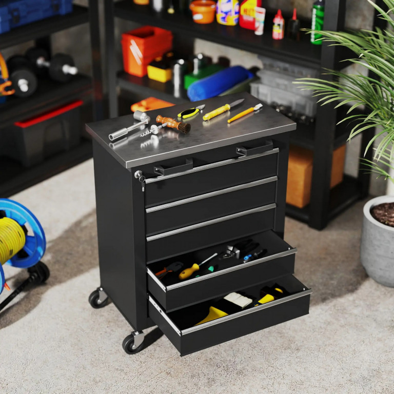 Dílenský vozík s 5 zásuvkami | černý