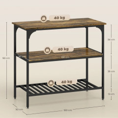 Kuchyňský třípatrový stojící regál s velkou pracovní deskou, 100 x 50 x 90 cm | rustikálně hnědý + černý č.2