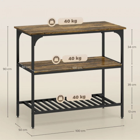 Kuchyňský třípatrový stojící regál s velkou pracovní deskou, 100 x 50 x 90 cm | rustikálně hnědý + černý č.2