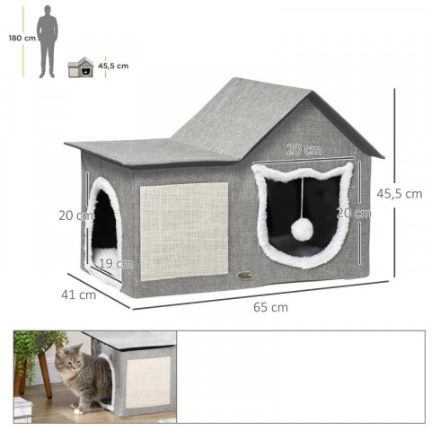 Plyšová kočičí jeskyně s polštářkem a škrabadlem, 65 x 41 x 45,5 cm | šedá č.2