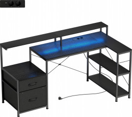 Herní stůl ve tvaru L 165 x 80 cm s LED diodami | černý č.1