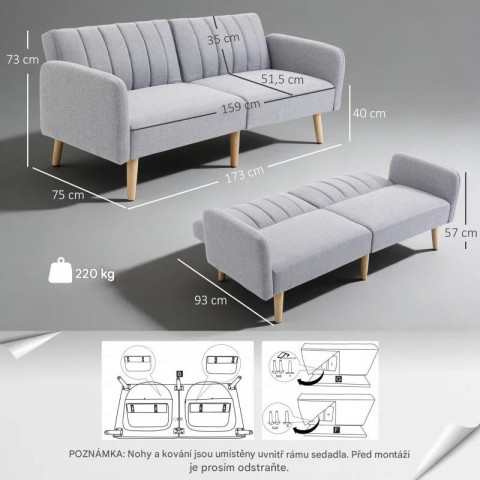 Rozkládací 2místná pohovka, 173 x 75 x 73 cm | šedá č.3