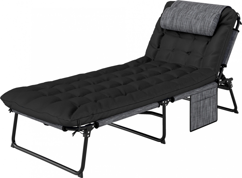 Skládací zahradní lehátko s polštářem a nastavitelným opěradlem | černé