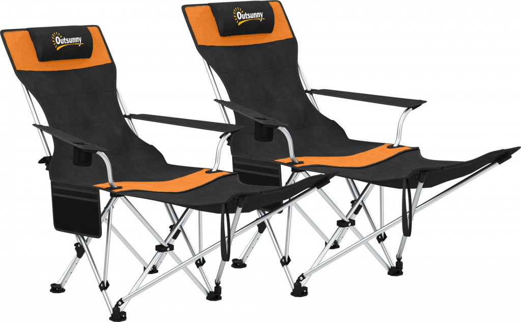 Sada 2 rybářských židlí s odnímatelnou podnožkou | černé + oranžové