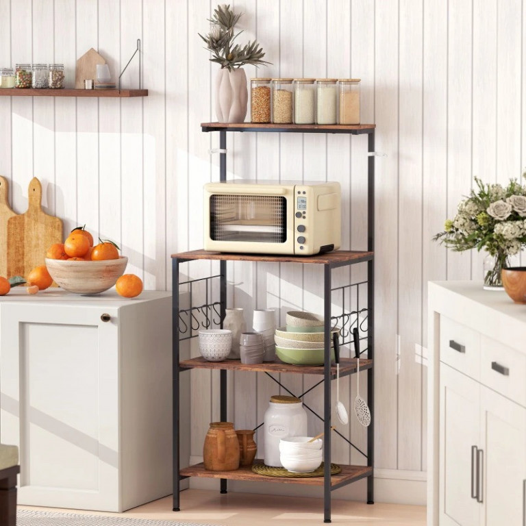 Kuchyňská polička s 8 háčky 60 x 42 x 134,5 cm | rustikálně hnědá