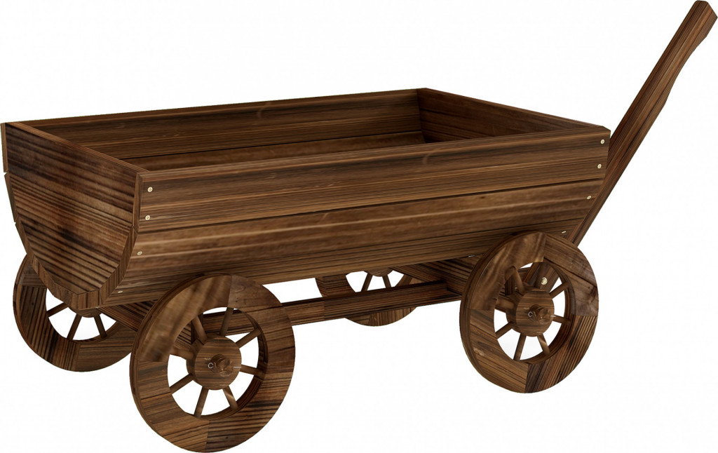 Dekorativní dřevěný truhlík ve tvaru vozíku se 4 kolečky a rukojetí | vzhled ohořelého dřeva