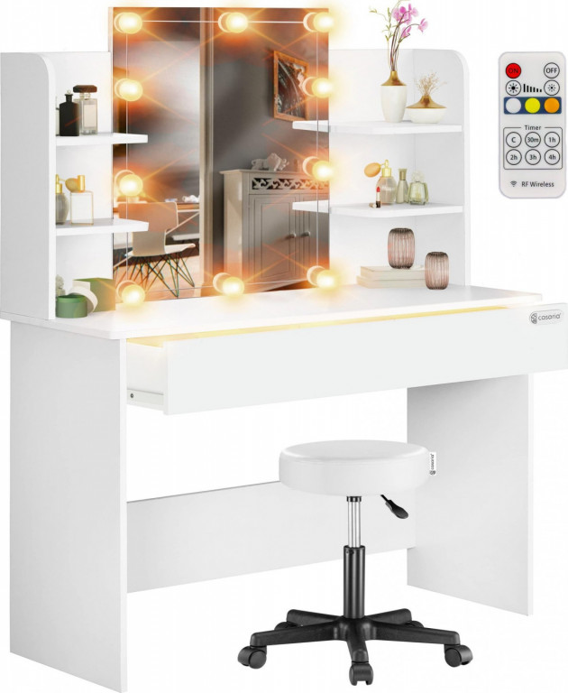 Toaletní stolek Lucia s LED osvětlením a pojízdnou stoličkou | bílý