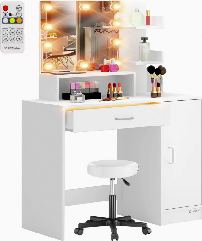 Toaletní stolek Jocelyn s LED osvětlením a pojízdnou stoličkou | bílý