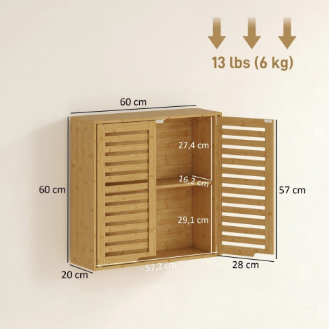 Nástěnná skříňka z bambusu s prodyšnými lamelovými dvířky 60 x 20 x 60 cm | přírodní č.4