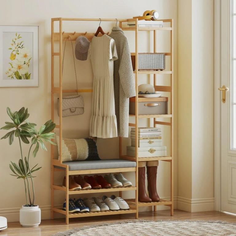 Věšák na kabáty s 10 háčky a čalouněnou lavicí | přírodní