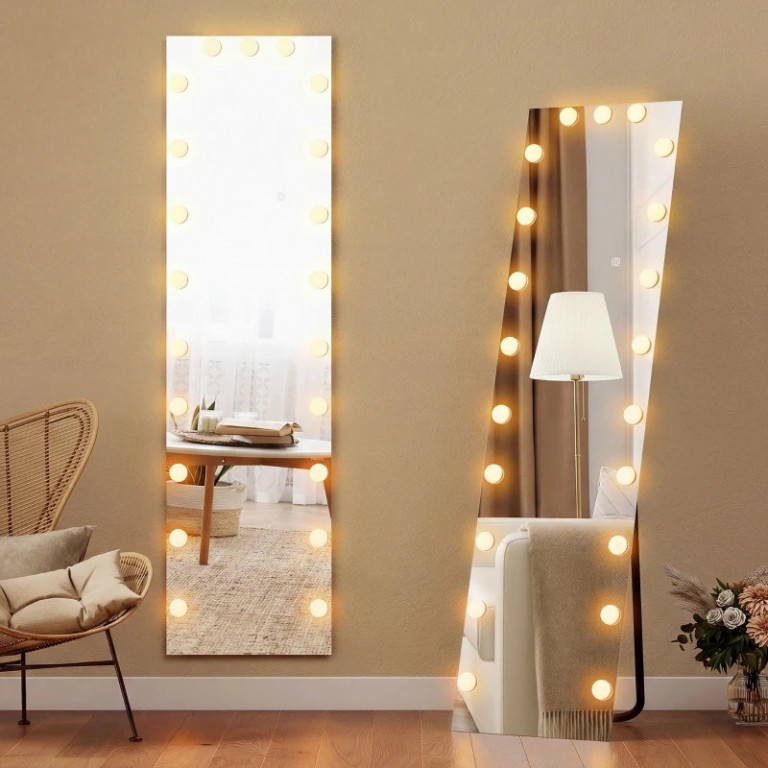 Stojací celoplošné zrcadlo s 21 LED žárovkami | transparentní