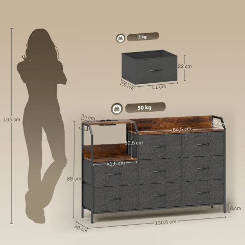 Skříňka s 8 zásuvkami z netkané textilie | rustikálně hnědá + černá č.3