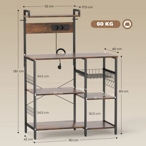 Kuchyňská stojící polička se 2 zásuvkami, 90 x 42 x 130 cm | rustikální hnědá č.4