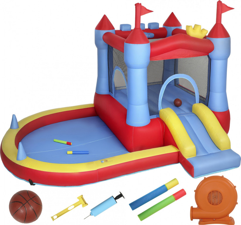 Skákací hrad s foukačkou 342x255x209 cm | modrý + červený + žlutý