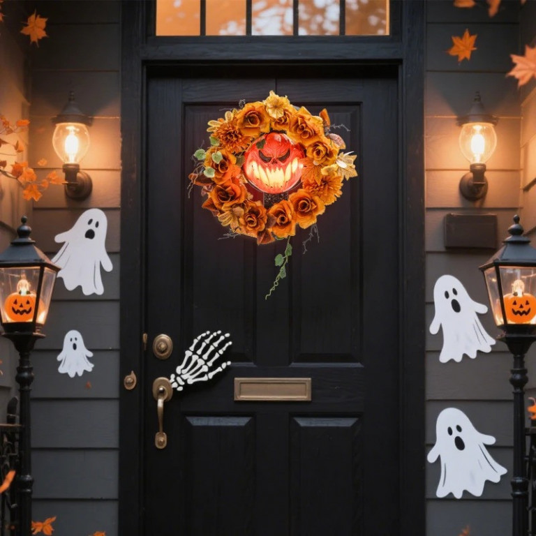 Halloweenská dekorace, dýňový věnec se 44 LED diodami | vícebarevná