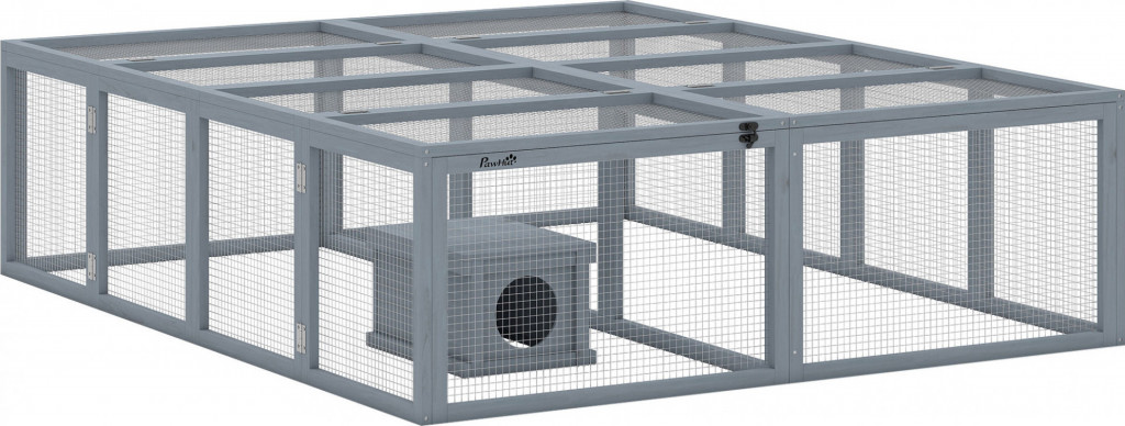 Dřevěná králíkárna s volným výběhem 180,4 x 150 x 48 cm | šedá