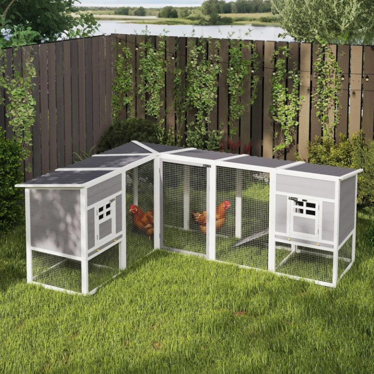 Dřevěný kurník ve tvaru L 251 x 192 x 103 cm | šedý