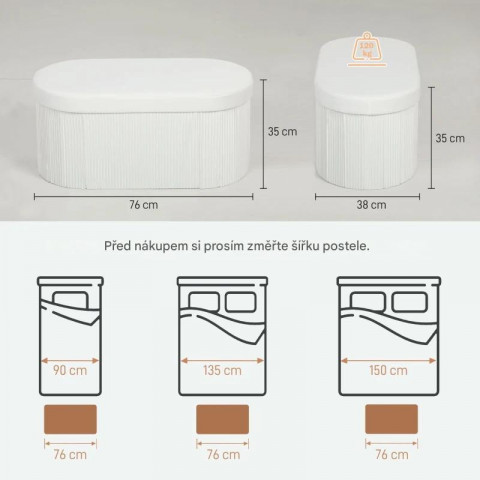 Skládací čalouněná lavice 76 x 38 x 35 cm | bílá č.4