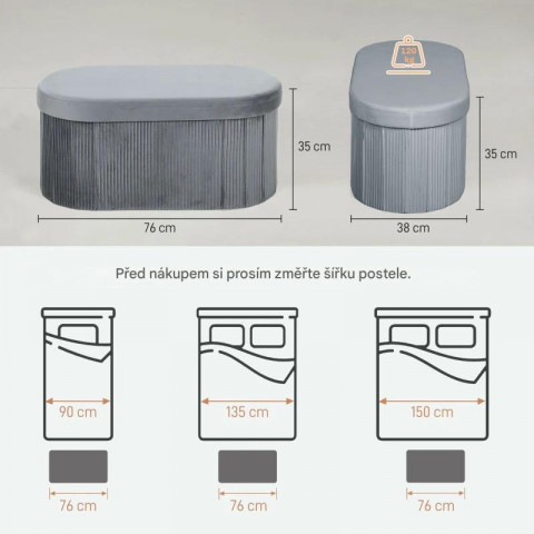Skládací čalouněná lavice 76 x 38 x 35 cm | tmavě šedá č.2