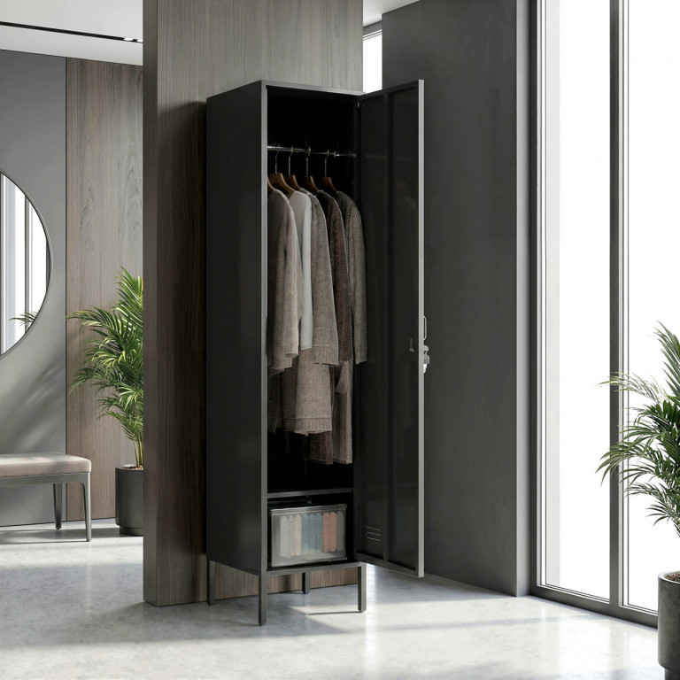 Ocelová uzamykatelná skříňka s tyčí na oděvy 40 x 40 x 179 cm | černá