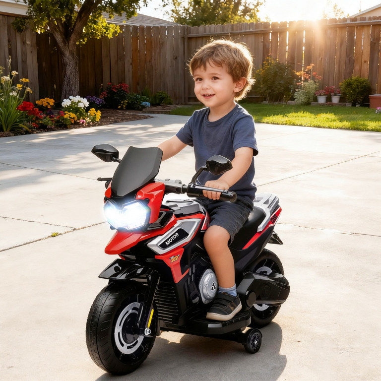 Dětská elektrická motorka s pomocnými koly | červená
