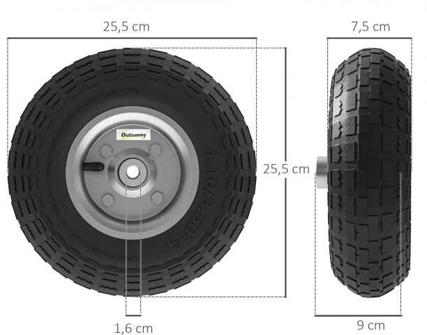 Sada 4 náhradních kol s otvorem 16 mm pro zahradní vozíky | průměr 25,5 cm č.6