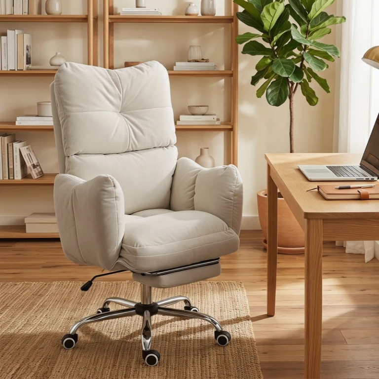 Ergonomická kancelářská židle s podnožkou a polstrovanými područkami | krémově bílá
