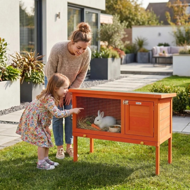 Dřevěná králíkárna s odklopnou střechou | oranžová