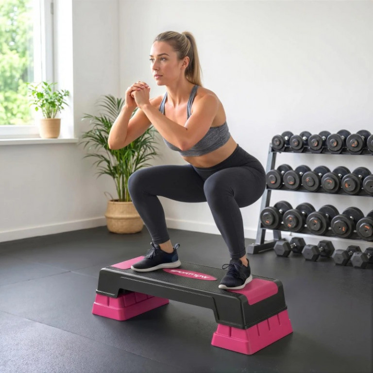 Výškově nastavitelný fitness aerobic stepper | černý + růžový