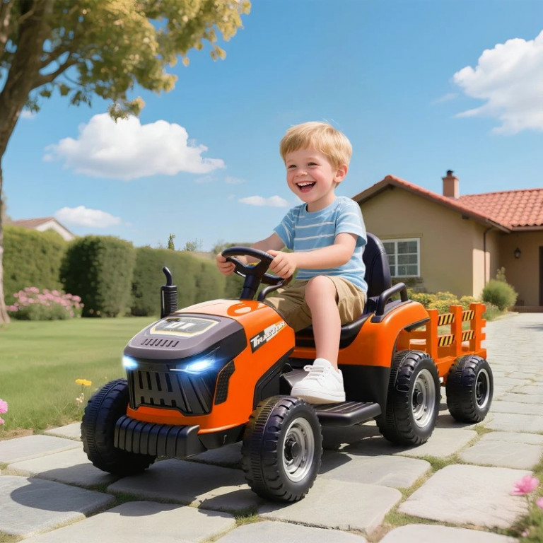 Elektrický dětský traktor s přívěsem | oranžový
