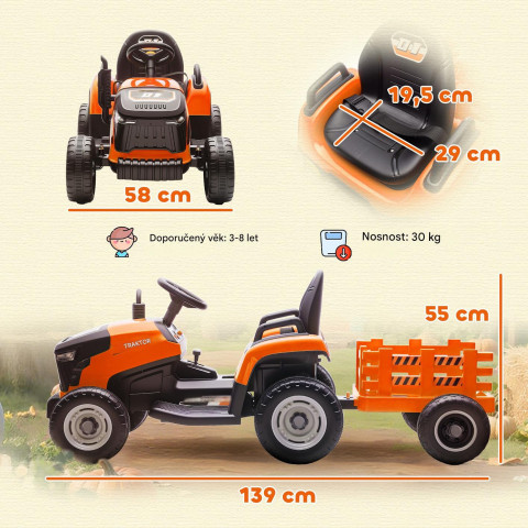 Elektrický dětský traktor s přívěsem | oranžový č.2