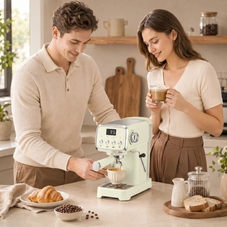 Espresso stroj s filtry s napěňovačem mléka | krémově bílý