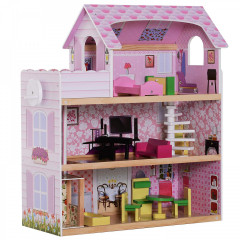 Drevený 3 poschodový domček pre bábiky s nábytkom č.1